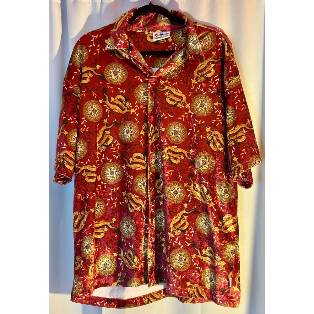 VTG RARE Third Rail Mens Red Dragon Crushed Velvet Button Shirt Streetwear 2XL